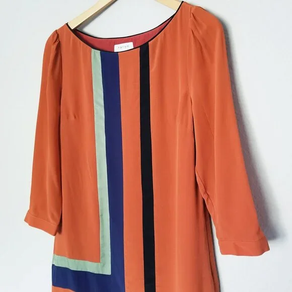 HARLYN Anthropologie 100% Silk Mini Shift Dress Orange Rust Colorblock Geometric - Picture 12 of 15